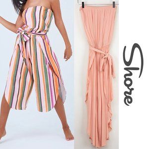 Shore Jumpsuit Strapless Waist Tie Cropped Split Leg Solid Peach Size XS New